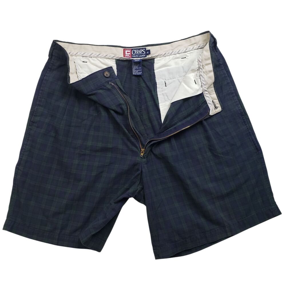 Vintage Chaps Ralph Lauren Pleated Shorts Mens 36 Blackwatch Tartan Plaid 90s - Picture 2 of 8